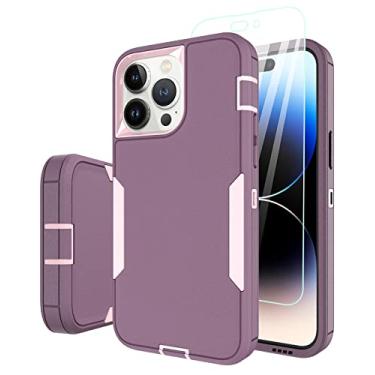 Imagem de Dahkoiz Capa para iPhone 14 Pro, com protetor de tela de vidro temperado e capa de porta à prova de poeira, capa de borracha de proteção total para Apple iPhone 14 Pro 6,1 polegadas, rosa/roxo