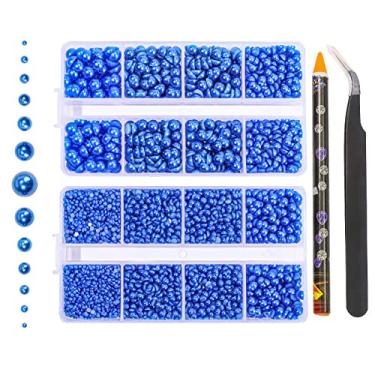 Imagem de 6540 peças de strass de resina azul royal pérolas de costas planas, tamanho misto 2/3/4/5/6/8/10 mm contas de pérola meia redonda pedras de strass com pinças e lápis selecionador para artesanato decoração de unhas DIY