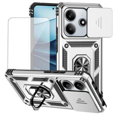 Imagem de Yodueiv Capa para Xiaomi Redmi Note 14 5G com protetor de tela de vidro temperado e capa de câmera deslizante, anel magnético suporte suporte de carro capa protetora para Xiaomi Redmi Note 14 5G prata