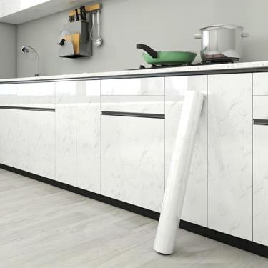 Imagem de ESSMOKO Papel de parede espesso efeito de mármore adesivo de bancada de cozinha impermeável à prova de óleo resistente a altas temperaturas papel de parede autoadesivo branco elegante 40 * 500 cm