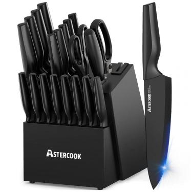 Imagem de Conjunto de Facas de Cozinha Astercook 21 Peças Preto com Afiador Integrado e Bloco em Madeira
