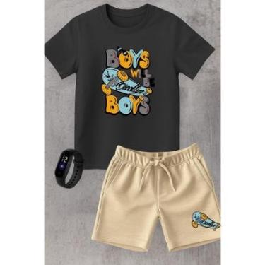 Imagem de Conjunto Infantil Camiseta e Short Moletinho Moda Verão Skate Street Brooklyn com Relógio Digital-Unissex