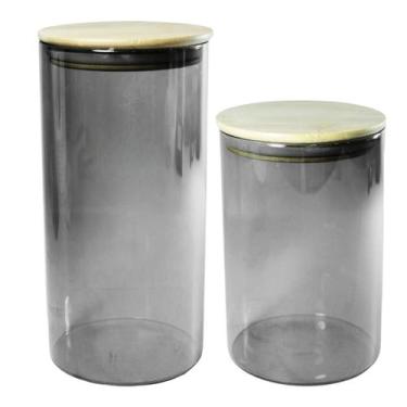 Imagem de Kit Pote Vidro Fume Tampa Hermetica De Madeira 950ml E 1,3l - BONS CHE