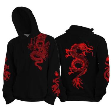 Imagem de Canguru Moletom Dragão Chinês Blusa Agasalho (Preto / Vermelho) - Red 