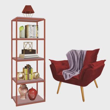 Imagem de Kit Poltrona Fatte com Manta Soft Lilás e Estante Livreiro Ferro Bronze mdf Rose Suede Vermelho - Ahz Móveis