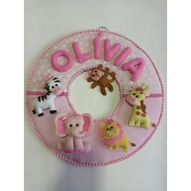 Imagem de Guirlanda Decorativa Infantil em Feltro, Tema Safari com Animais, Rosa, com Nome Personalizado