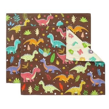 Imagem de PurpleEssences Jogo americano de pano reutilizável | reutilizável, ecológico | 38 x 33 cm, 2 camadas, espesso, absorvente, lavável na máquina | Conjunto de 2 jogos americanos - Dinossauros Alfa