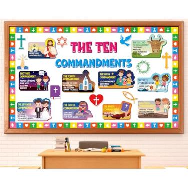 Imagem de gisgfim Ten Commandments Conjunto de decorações de quadro de avisos de volta às aulas Jesus religioso recortes de papel versículo bíblico cristão quadro de avisos decoração para sala de aula, escola