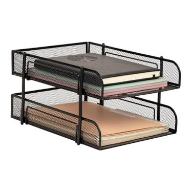Imagem de Mind Reader Coleção de rede, bandeja de papel de 2 camadas, tamanho carta, empilhável, suporte de arquivos e documentos, organizador de mesa, malha de metal, 33,7 cm C x 26,7 cm L x 19 cm A, preta