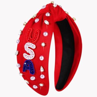 Imagem de Bandanas femininas de 4 de julho, acessórios de 4 de julho, faixas de cabelo patrióticas com bandeira americana, faixas de cabelo com nó de pérola de strass, contas enfeitadas, acessórios de cabelo de