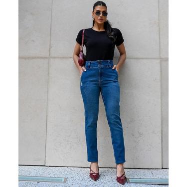 Imagem de CALÇA JEANS ESCURA RETA FEMININA CINTURA ALTA COM CÓS LARGO-Feminino
