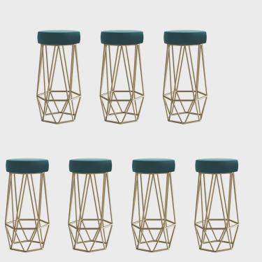 Imagem de Kit 07 Banqueta Com Encosto Mhara Hexágono Cozinha Bar Ferro Dourado Suede Azul Turquesa - Ahz Móveis
