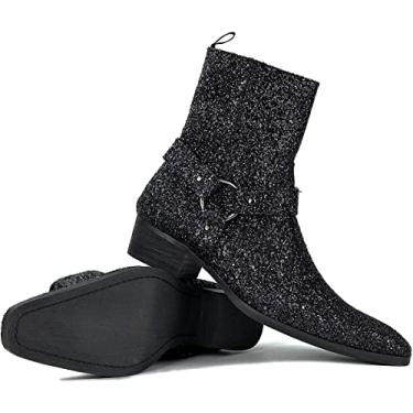 Imagem de Bota de couro Chelsea masculina OSSTONE com salto com zíper lateral e salto retrô JY017, Glitter Black, 10.5 Narrow