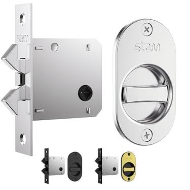 Imagem de Fechadura Stam 1006S WC para porta de correr embutir com puxador de dedo e espelho oval para banheiro