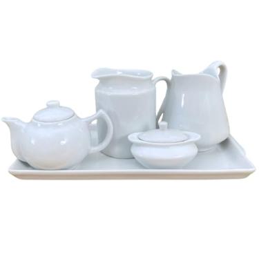 Imagem de Jogo Café e Chá, Bandeja + Açucareiro barquinha 100ml + Chaleira 400ml + Leiteira 700ml + jarra 740ml - Porcelana Branca