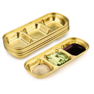 Imagem de Sekonow Prato de molho de soja de aço inoxidável, tigelas de metal com 3 grades, pequenos copos de molho para acompanhamentos, molho de aperitivo, preparação de ingredientes, charcutaria, bandeja