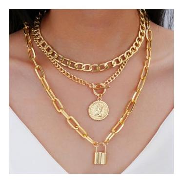 Imagem de Colares femininos em camadas modernos com pingente de moeda e cadeado boho verão praia acessórios joias presentes, One Size, Metal, Sem Pedra Preciosa