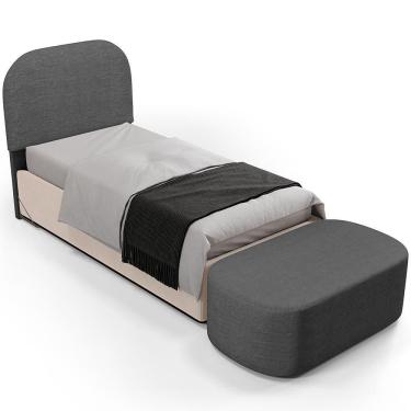 Imagem de Cabeceira Cama Box 100cm Lanna Com Puff Recamier Doha W01 Linho Cinza Escuro - Lyam Decor