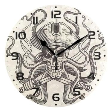 Imagem de JUZIHAI Relógio de parede pirata silencioso, sem tique-taque, redondo, operado por bateria, fácil de ler, relógio decorativo de parede para casa, cozinha, sala de estar, quarto, escritório, 25 cm
