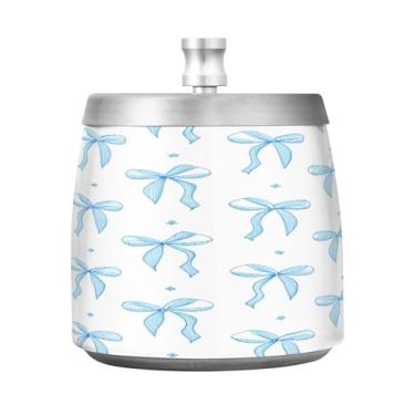 Imagem de Qilmy Cinzeiro de aço inoxidável com laço de fita azul com tampa - Cinzeiro de cigarro à prova de vento sem cheiro sem fumaça para casa, escritório, carro, pátio, varanda (uso interno e externo)