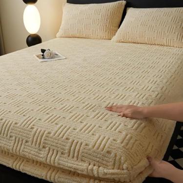Imagem de Capa protetora de colchão de veludo macio engrossado com bolso profundo de 30,5 cm à prova de poeira, lençol com elástico respirável e antiderrapante para solteiro/casal/queen/king, bege||180 x 200 cm