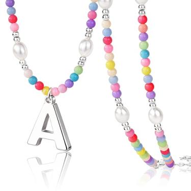 Imagem de Poxtex Lindos colares de contas com inicial para meninas, elegantes e coloridas, pérolas, letras, gargantilhas, para mulheres, adolescentes, feito à mão, banhado a ouro 14K, boêmio, joias