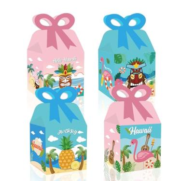 Imagem de 12 caixas de presente com tema de flamingo havaiano, lembrancinhas de festa de luau tropical com dois designs vibrantes, inclui cola de pontos, perfeita para aniversários, festas havaianas, casamento