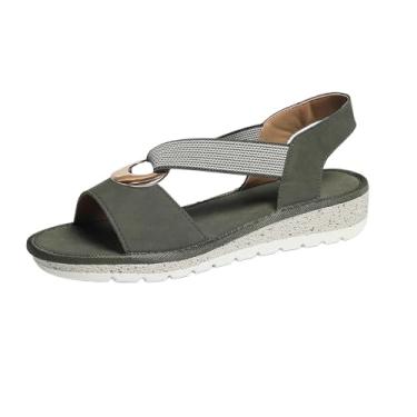 Imagem de Sandália feminina primavera verão elástica cor sólida bico redondo bico aberto, sola macia respirável design plano para uso casual, Verde militar, 35