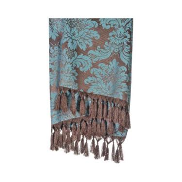 Imagem de Manta para sofá em Tecido Jacquard Marrom e Turquesa Medalhão Tradicio