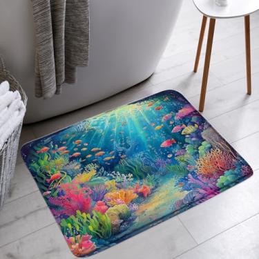 Imagem de YSATNSFT Tapete de banho oceano mundo subaquático colorido peixes tropicais coral no fundo do mar banheiro banheira tapetes de chão tapete decoração de vaso sanitário, 45,7 x 76,2 cm
