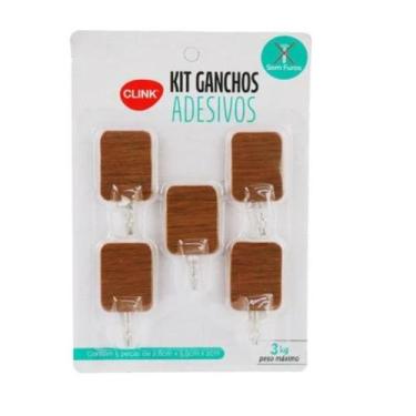 Imagem de Kit Ganchos com Adesivo Plástico Estampa Madeira Sem Furar - CLINK