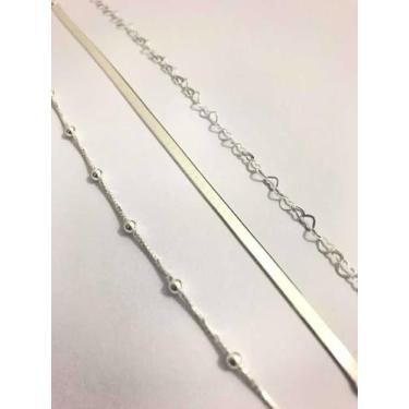 Imagem de Kit 3 Pulseiras Prata Legítima 925 Laminada Bolinha Coração - Lojas La