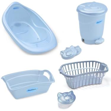 Imagem de Kit 6 pçs Bebe Banheira Cesto Organizador Saboneteira Porta-Algodão Lixeira (Azul Perolado)