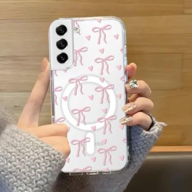 Imagem de Zrutru Capa de telefone com laço de coração rosa transparente para Samsung Galaxy S21 FE 5G compatível com MagSafe capa protetora fina de silicone macio à prova de choque para mulheres meninas
