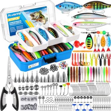 Imagem de PLUSINNO Kit de iscas de pesca com bandeja removível, caixa de equipamento de pesca de 373 peças com equipamento incluído, equipamento de pesca com alicate, pesos, ganchos, acessórios, kit de iscas de