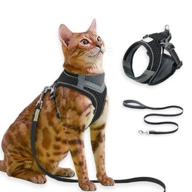 Imagem de Conjunto de arnês e coleira para gatos para caminhadas ao ar livre confortáveis, à prova de fuga, colete macio ajustável para gatinhos com faixa refletiva para gatos, cães pequenos (preto, M)