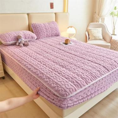 Imagem de Protetor de colchão de veludo quente algodão espesso antiderrapante capa de colchão respirável amigo da pele lençol com elástico cor sólida aconchegante roupa de cama roxa |Queen: 150 x 200 cm