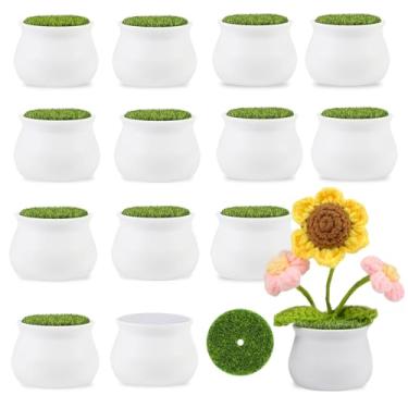 Imagem de FINGOOO Vasos de argila branca de 5 cm, pacote com 12 vasos de plantas de plástico com espuma e gramado sintético para flores de crochê, plantas de tricô, faça você mesmo, decoração de mesa de casa