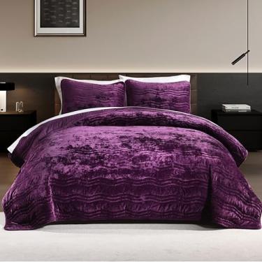 Imagem de AJOCCI Conjunto de edredom de veludo roxo, conjunto de edredom queen de pelúcia luxuosa, colcha queen de pelúcia macia, lavável na máquina, 3 peças para todas as estações