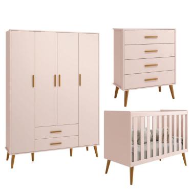 Imagem de Kit Isis Berço 2 em 1 Comoda Gaveteiro e Roupeiro 4 Portas