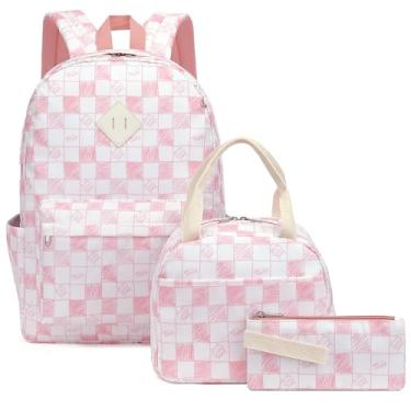 Imagem de Lrenagao Mochila escolar para meninas, conjunto de 3 peças com lancheira, bolsa de lápis, mochila de ensino fundamental e médio, Gato quadriculado rosa, Large