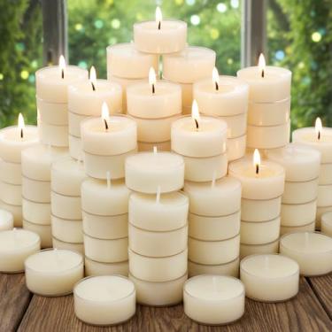Imagem de 48 velas de cera de abelha natural brancas, velas de chá de cera de abelha pura em copo transparente, velas pequenas de luz de chá marfim orgânico com 4 horas de tempo de queima, sem soja, parafina e