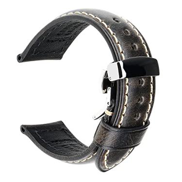 Imagem de REZERO Pulseira de relógio vintage de couro encerado a óleo de 18 mm, 19 mm, 20 mm, 21 mm, 22 mm, 23 mm, 24 mm, 26 mm, masculino e feminino, Preto acastanhado + fecho de implantação, 22mm, Tradicional