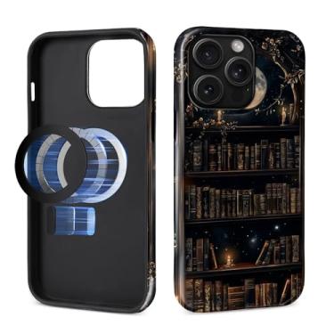 Imagem de MQJCYB Capa magnética para iPhone 14 Pro Max, compatível com MagSafe, capa protetora fina de TPU macio para celular feminina e meninas para iPhone 14 Pro Max-Dark Gothic Bookshelf Moon
