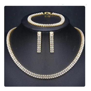 Imagem de Colar Chocker Riviera Brinco Pulseira Zircônia Dourado Festa