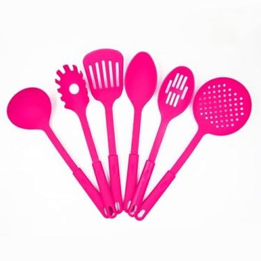 Imagem de Kit UtensíLios De Cozinha, Kit UtensíLios De Cozinha Silicone, Conjunto 6 Utensilios Com Gancho De Cozinha De Nylon Colher Concha Escumadeira EspáTula Pegadores(PINK)