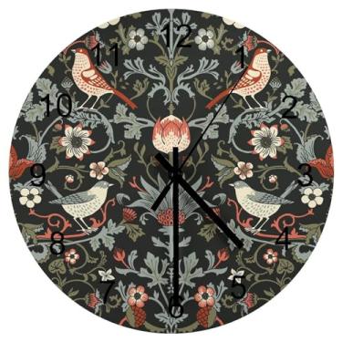 Imagem de LOMADIA William Morris Relógio de parede silencioso sem tique-taque operado por bateria, arte vintage preto rústico floral botânico relógio de pássaro decorativo para banheiro, cozinha, quarto, sala
