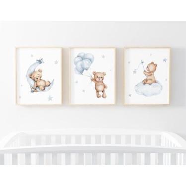 Imagem de Quadro Infantil Decorativo Menino Ursinho Aquarela - Kit com 3 Quadros