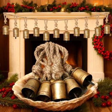 Imagem de LEIFIDE 12 peças de sinos de vaca dourados, enfeites de Natal, pequenos sinos de metal rústico para pendurar, harmonia, vintage, corda de juta revestida de latão, para pendurar em ouro, para decoração