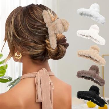 Imagem de Grampos de cabelo grandes para mulheres - 6 peças de grampos de pelúcia fofos para penteados grossos e finos acessórios de fixação forte, branco + preto + bege + camelo + cáqui + café